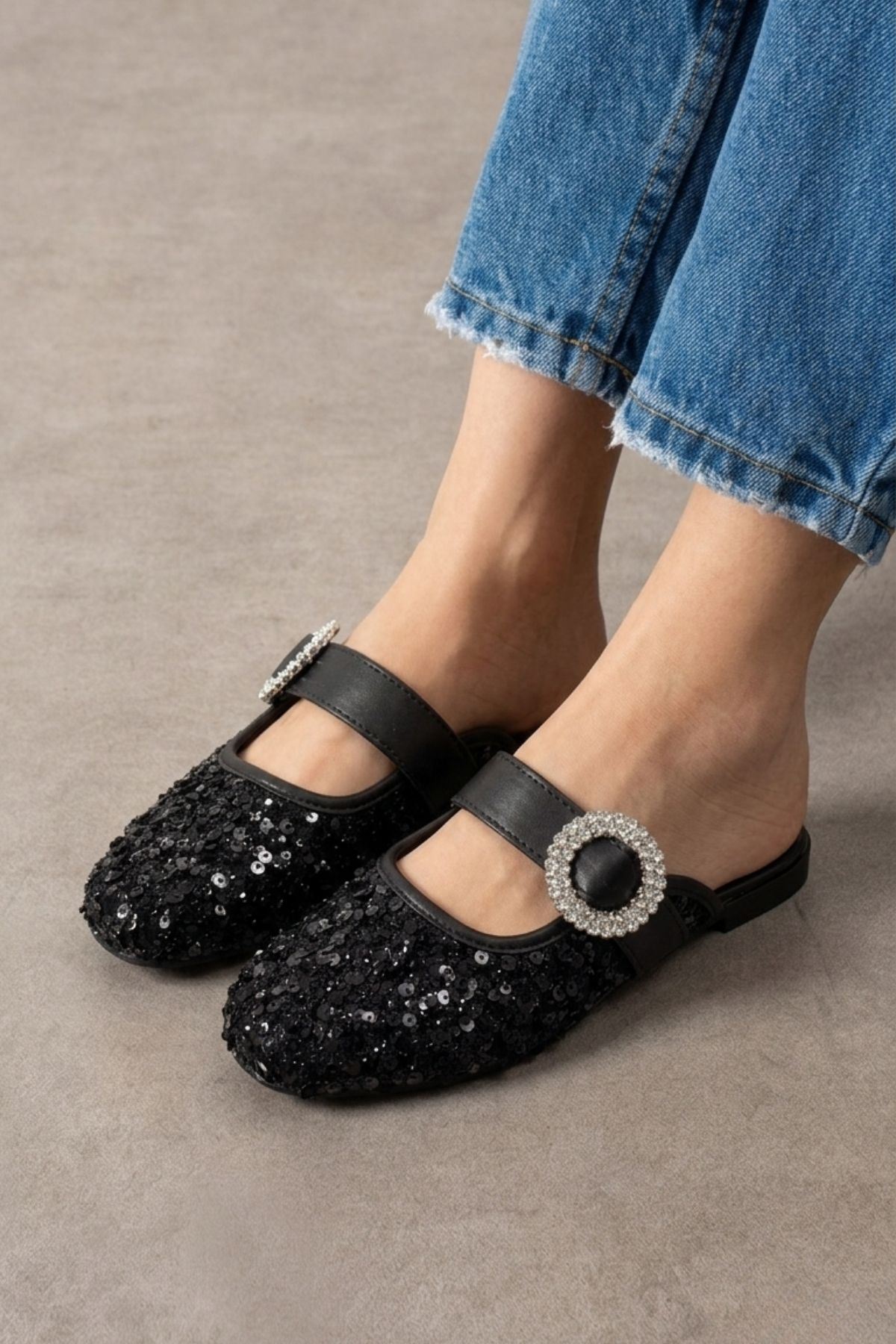 Falcon Siyah Payetli Taş Tokalı Şık Günlük Model Kadın Terlik