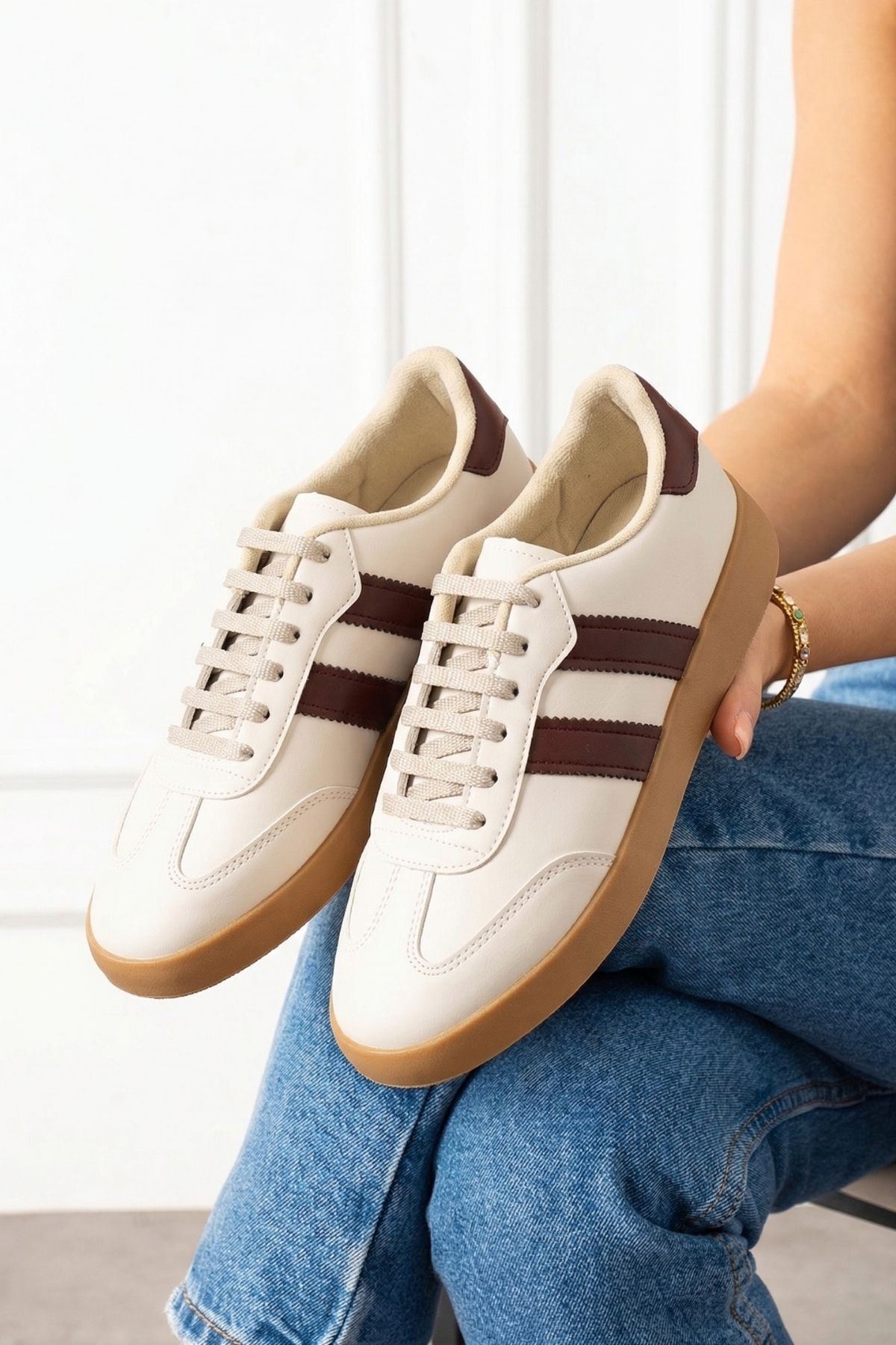 Fortuna Bej Bordo Şeritli Bağcıklı Spor Sneaker Ayakkabı