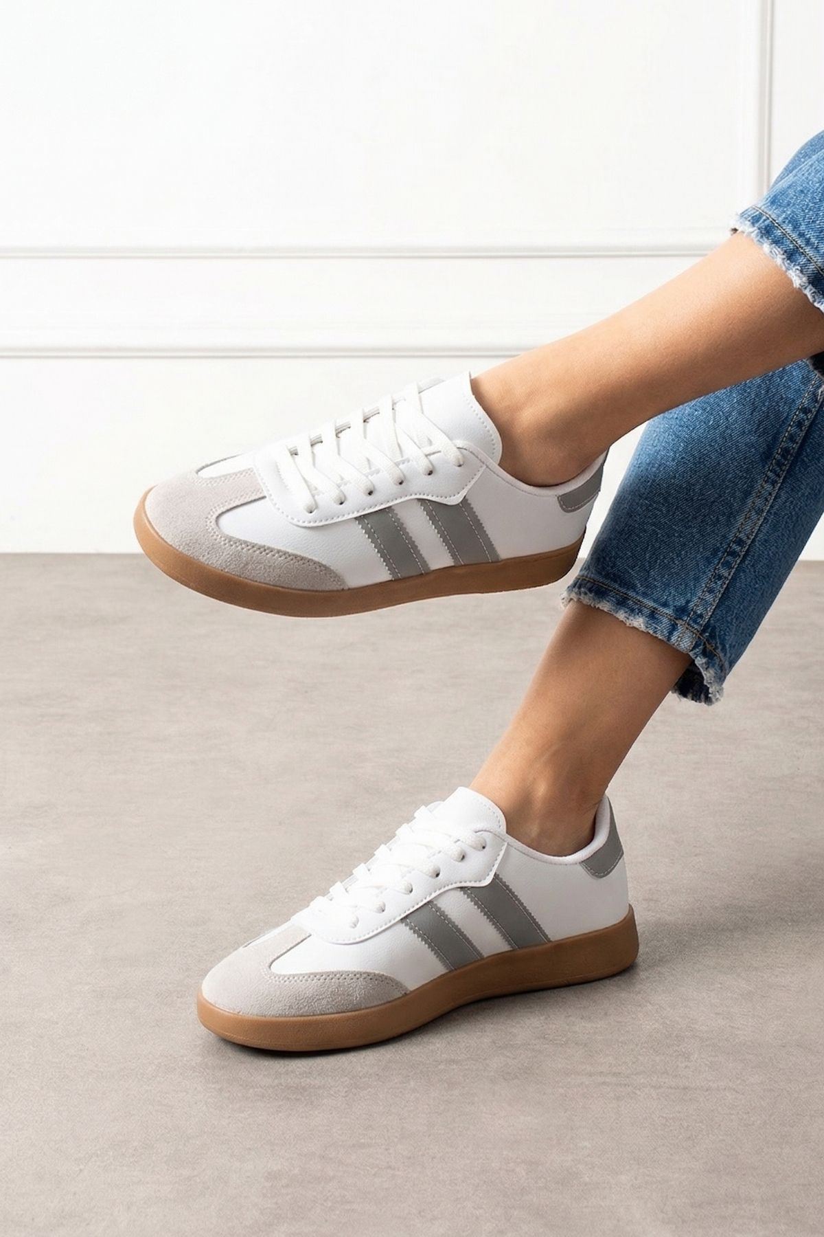 Fortuna Beyaz Gri Şeritli Bağcıklı Spor Sneaker Ayakkabı