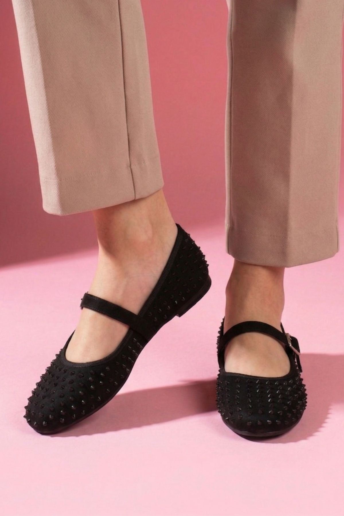 Margot Siyah Süet Taş İşlemeli Nikel Tokalı Kemer Bantlı Babet