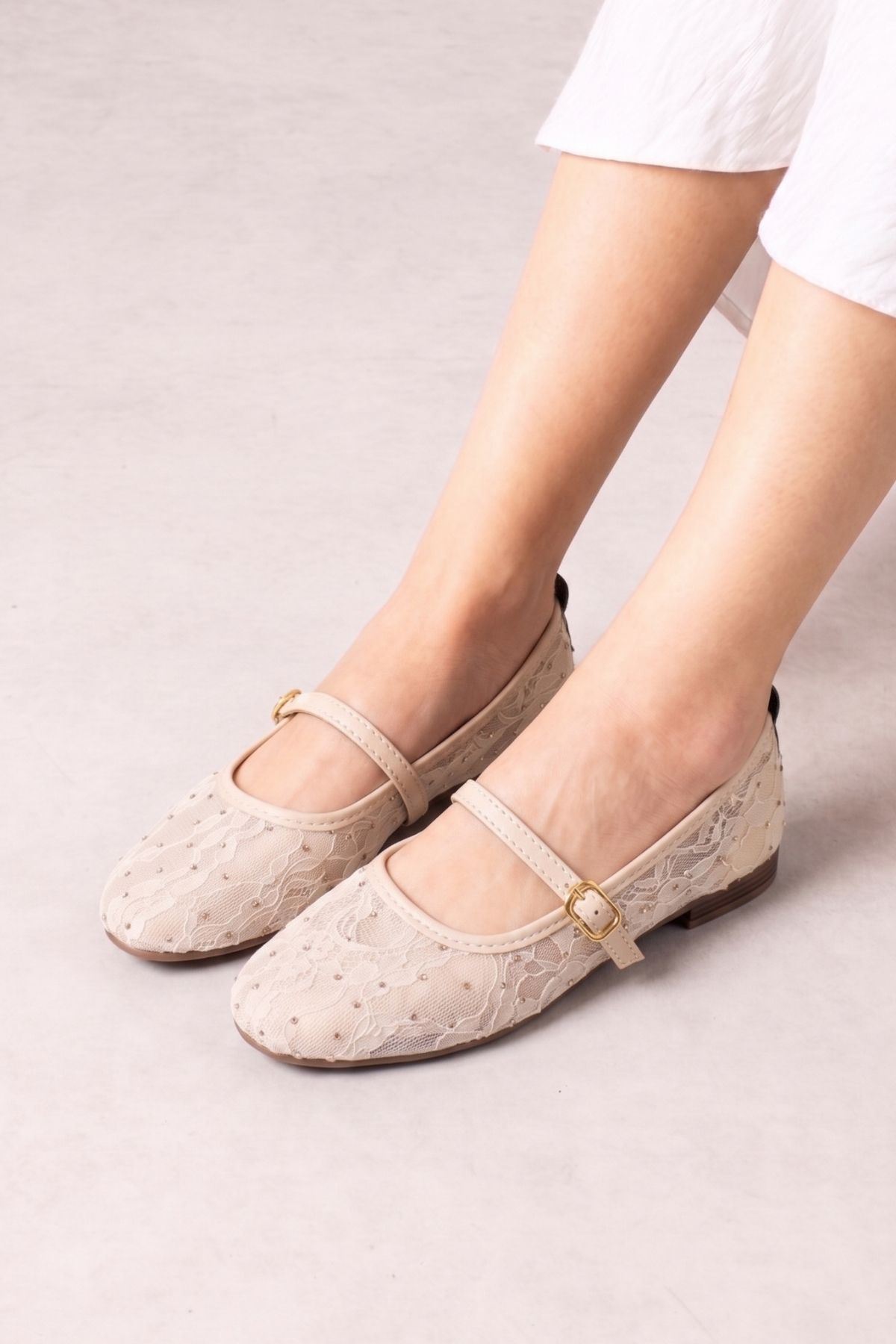 Alba Bej Tül Nakışlı Mini Taş İşlemeli Kemerli Premium Babet