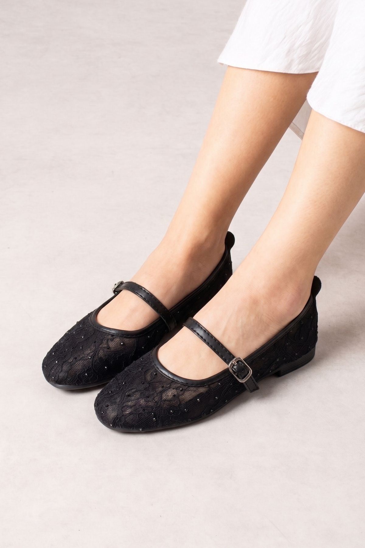 Alba Siyah Tül Nakışlı Mini Taş İşlemeli Kemerli Premium Babet