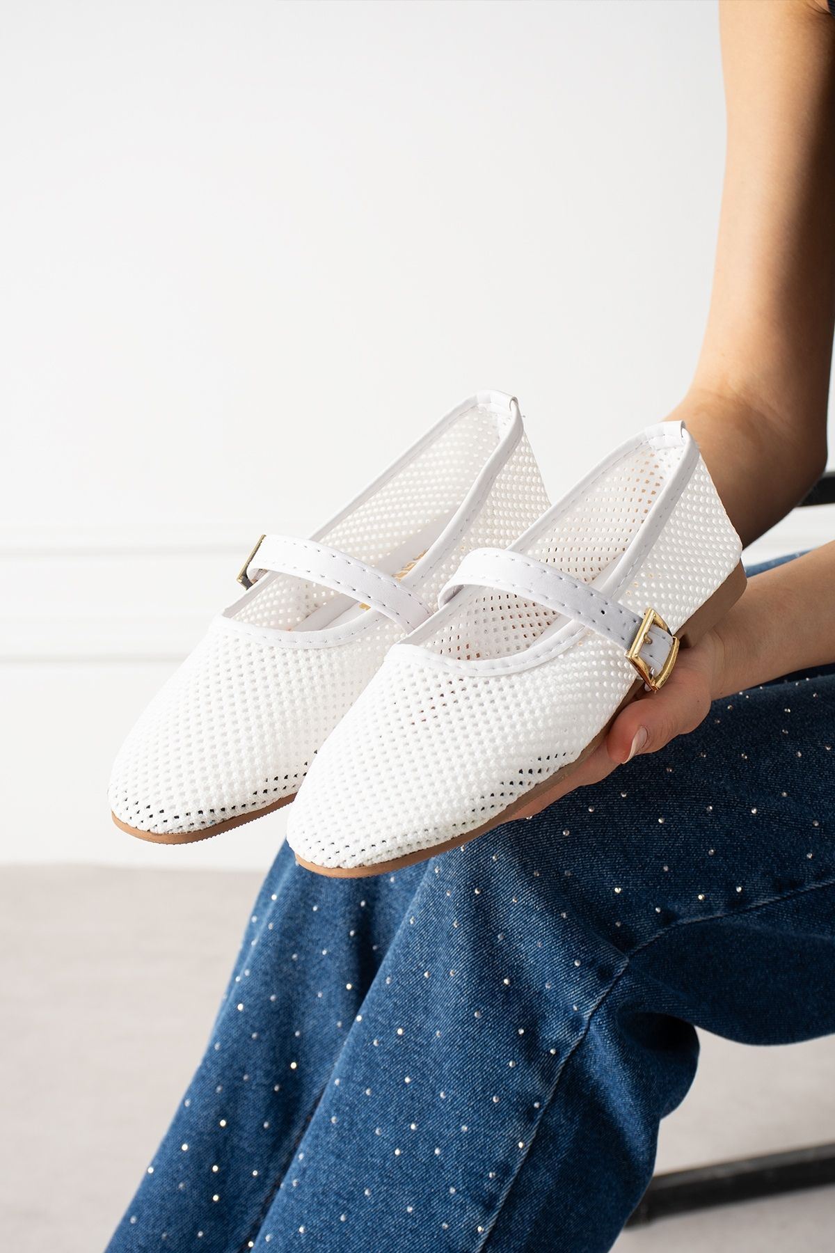 Avila Beyaz Fileli Gold Tokalı Kemer Bantlı Babet