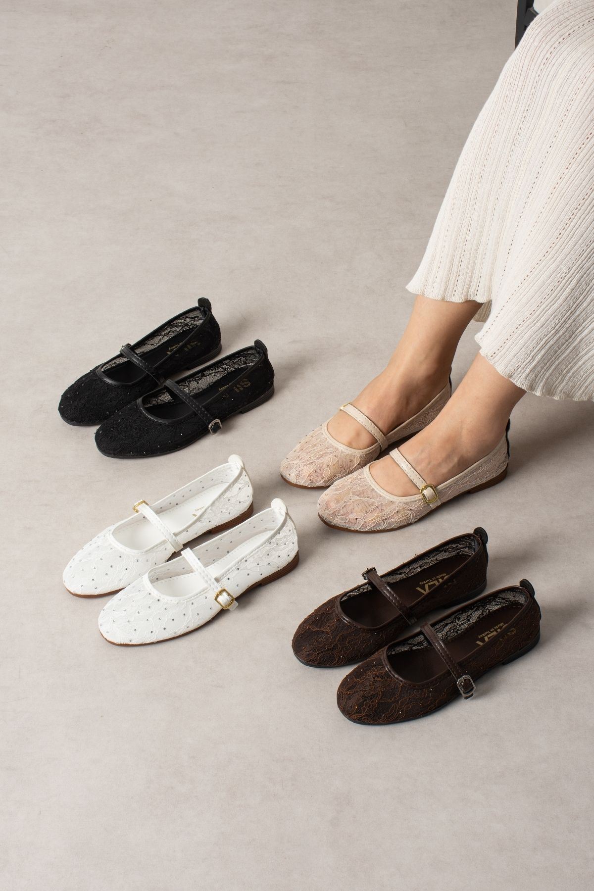 Alba Kahverengi Tül Nakışlı Mini Taş İşlemeli Kemerli Premium Babet