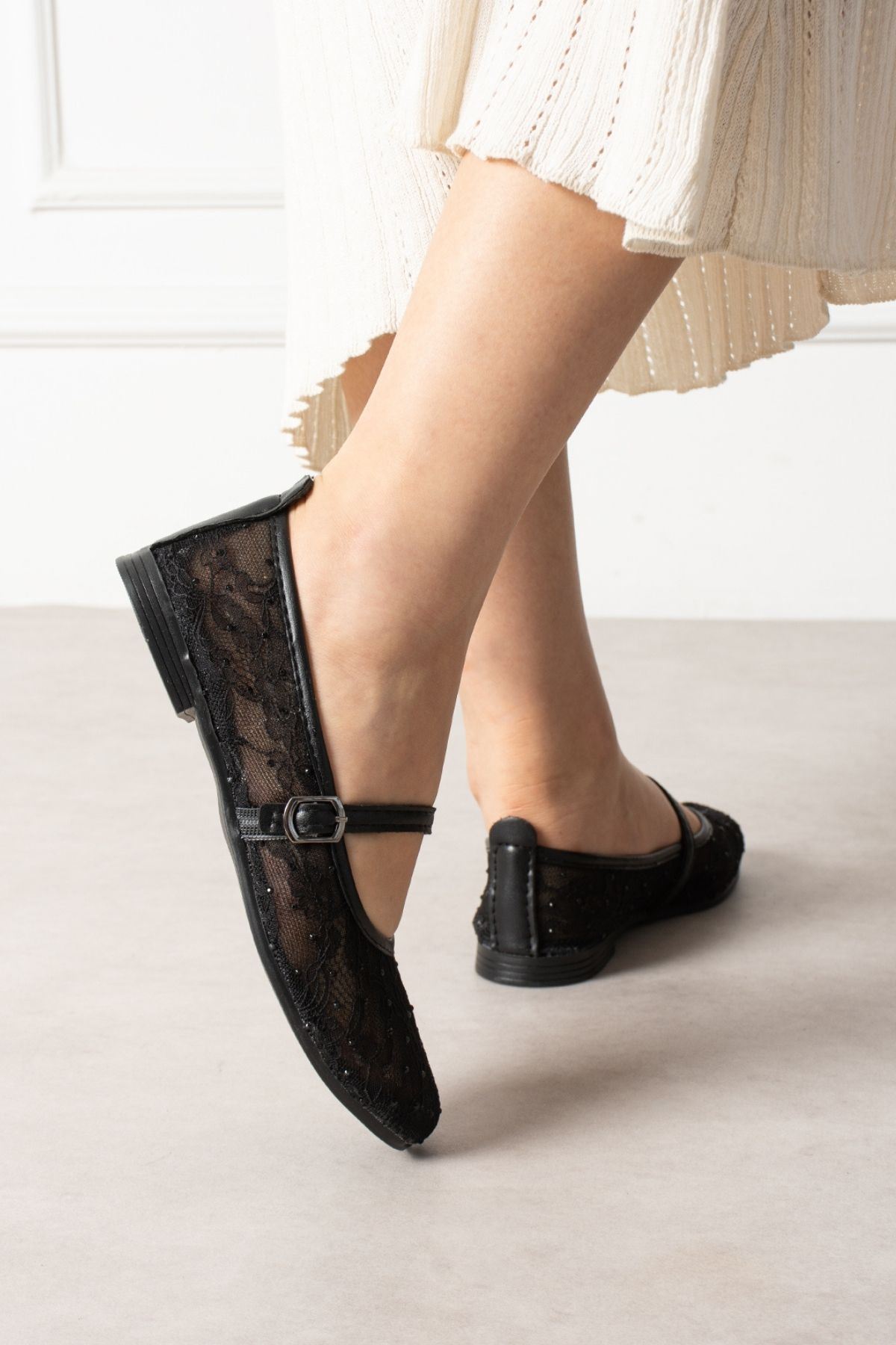 Alba Siyah Tül Nakışlı Mini Taş İşlemeli Kemerli Premium Babet