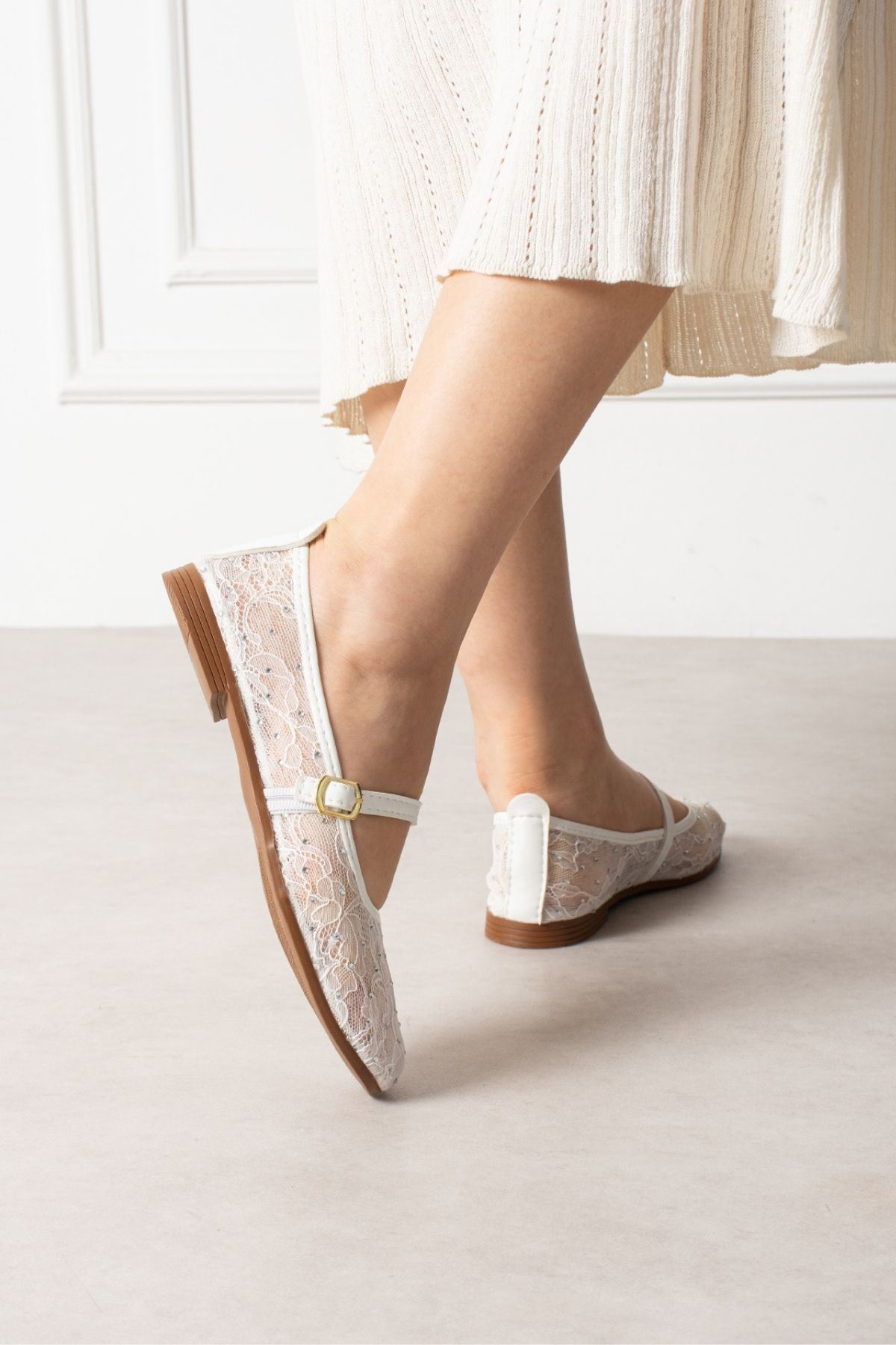 Alba Beyaz Tül Nakışlı Mini Taş İşlemeli Kemerli Premium Babet