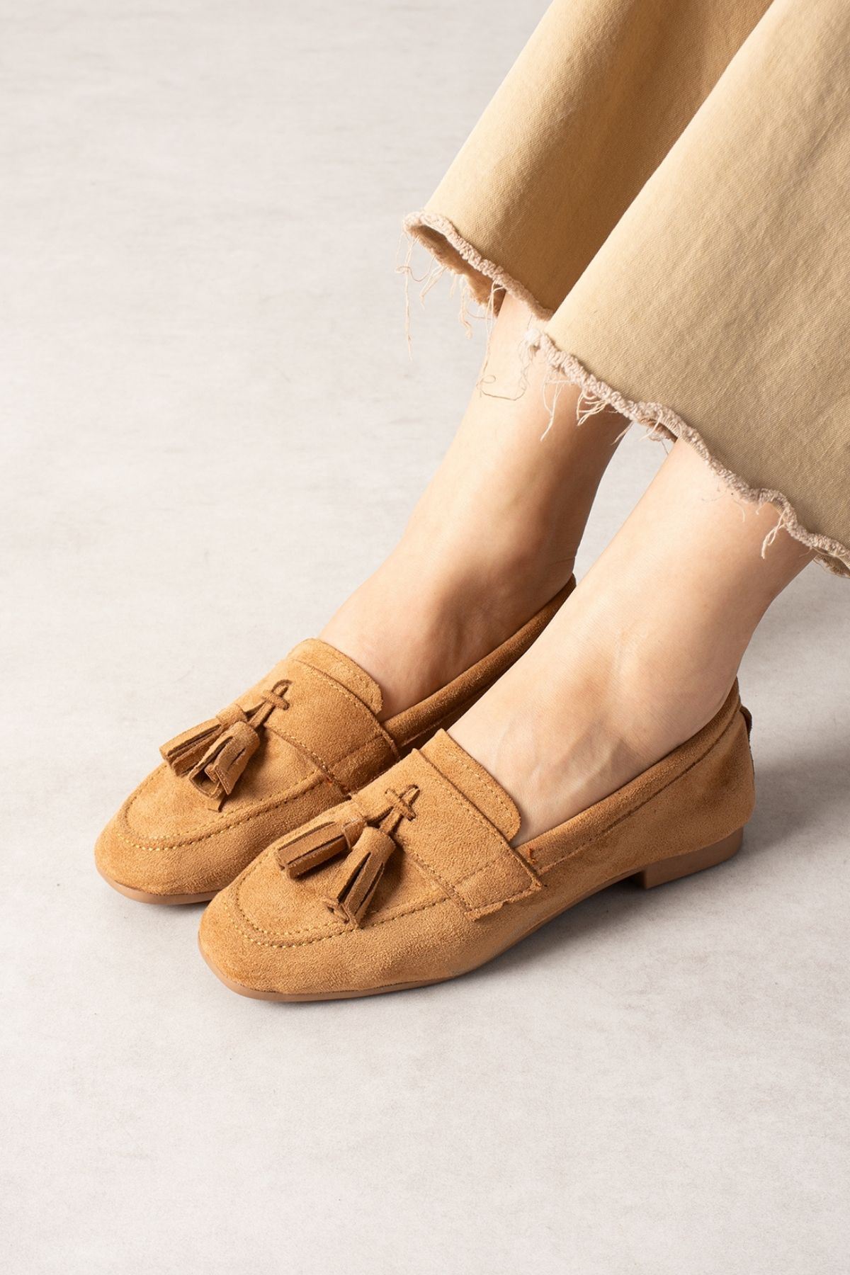 Savona Taba Süet Püskül Detaylı Loafer Babet Günlük Ayakkabı