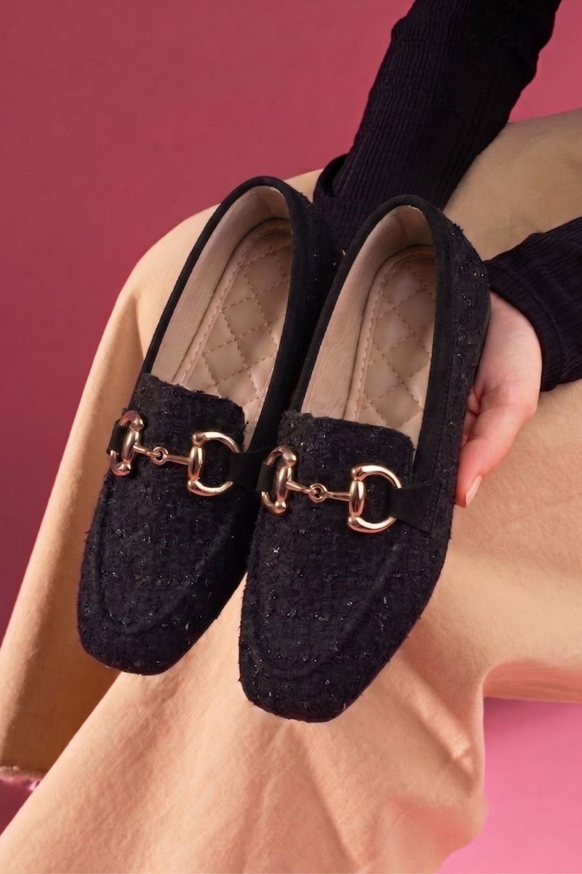 Alita Siyah Simli Kumaş Saraçlı Gold Tokalı Loafer Babet