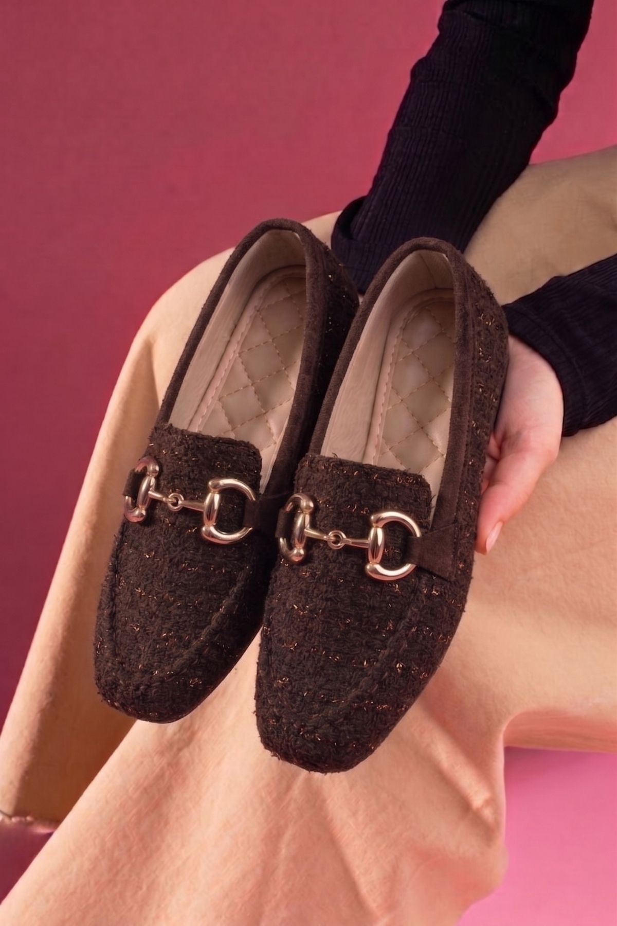 Alita Kahverengi Simli Kumaş Saraçlı Gold Tokalı Loafer Babet