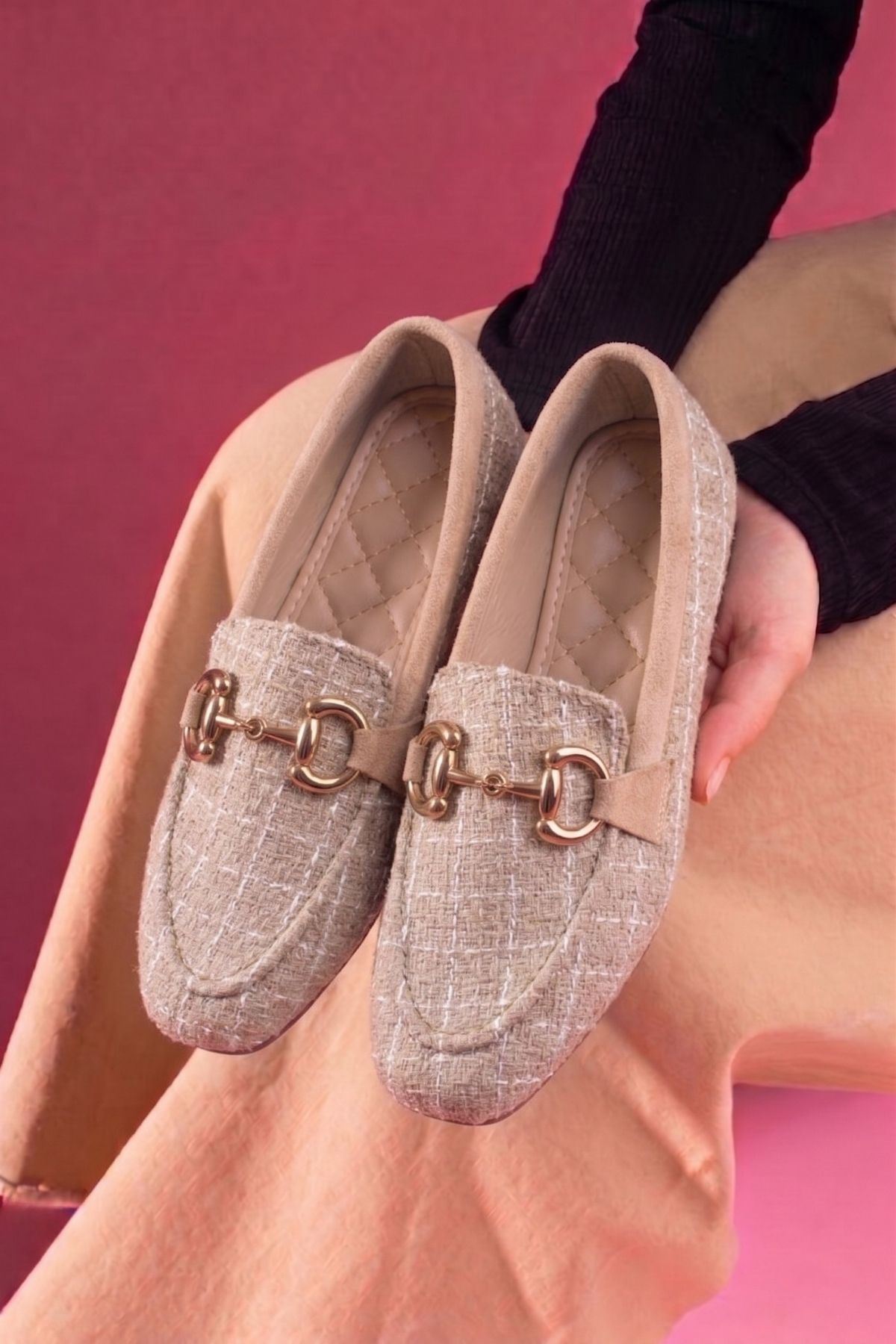 Alita Vizon Simli Kumaş Saraçlı Gold Tokalı Loafer Babet