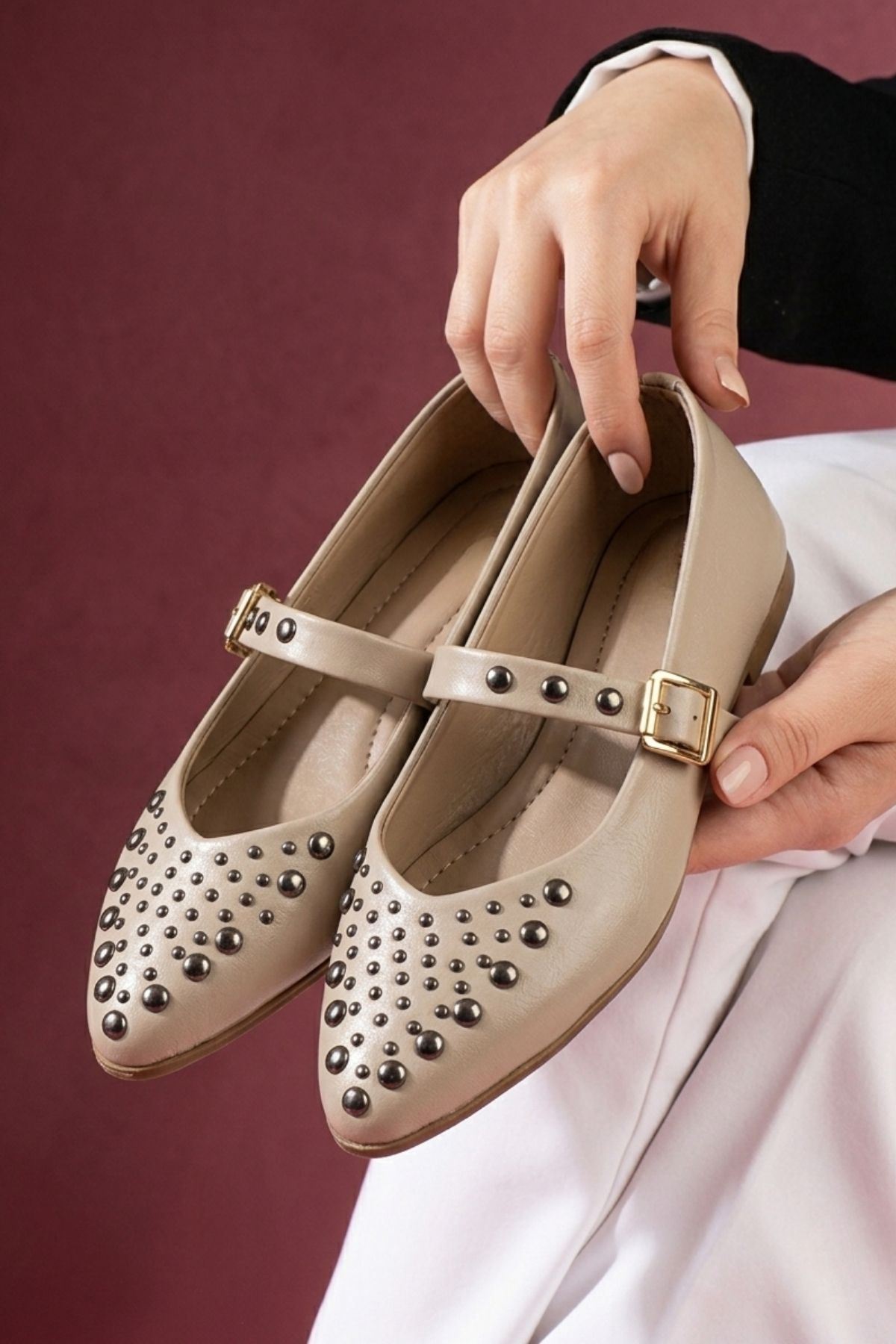 Vasto Vizon Kırışık Rugan Trok Zımbalı Gold Tokalı Sivri Kalıp Babet