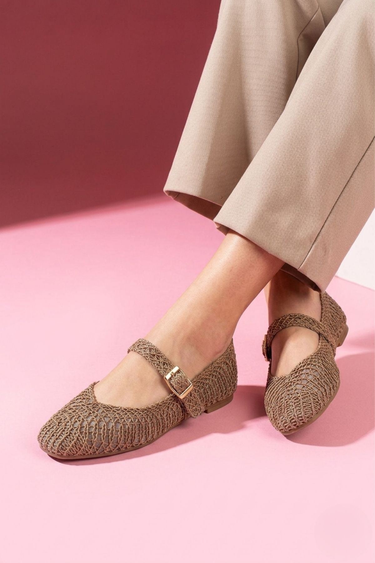 Minori Vizon Örgü Dokulu Gold Tokalı Kemerli Triko Babet