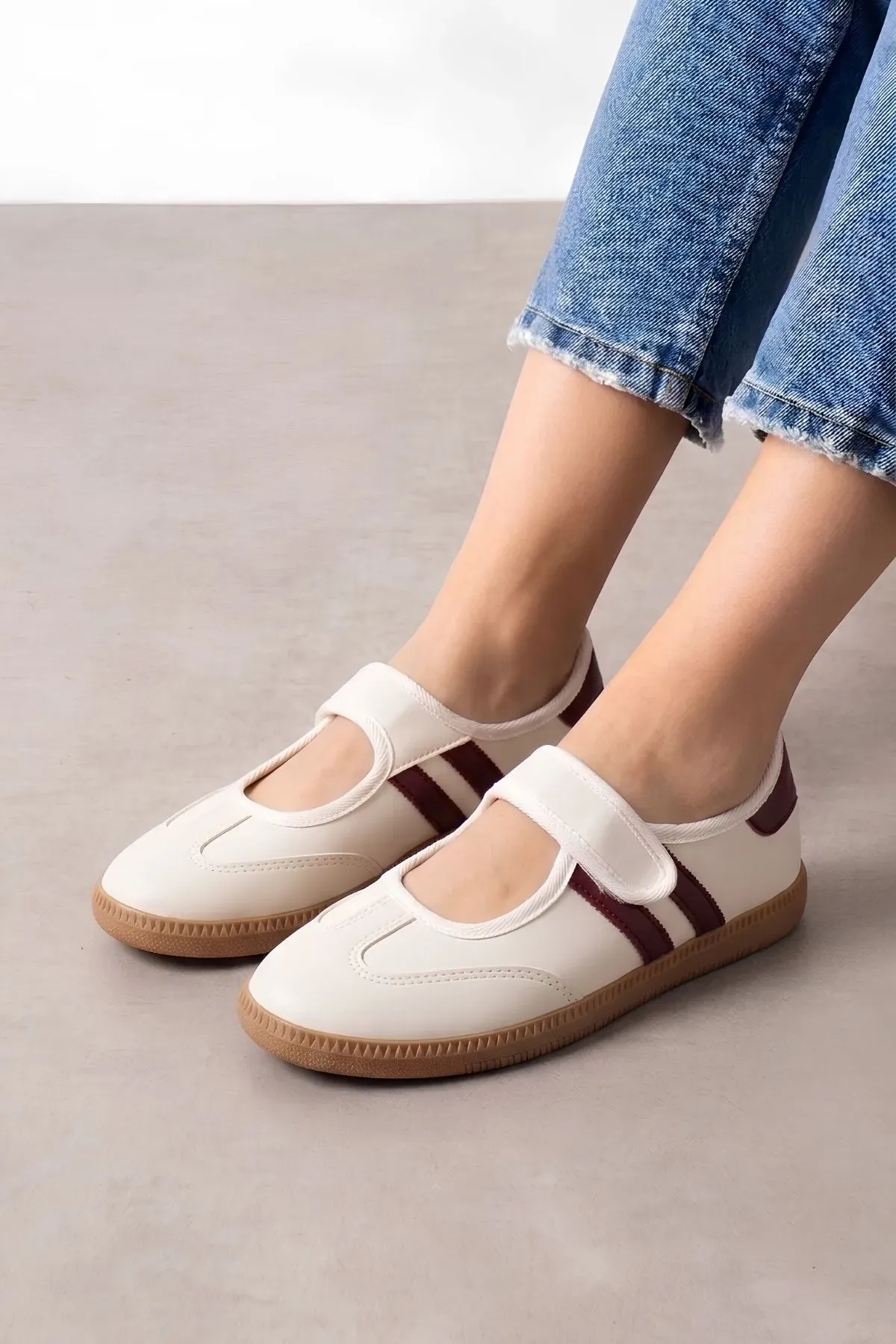 Vicenza Bej Bordo Şeritli Bantlı Spor Sneaker Ayakkabı