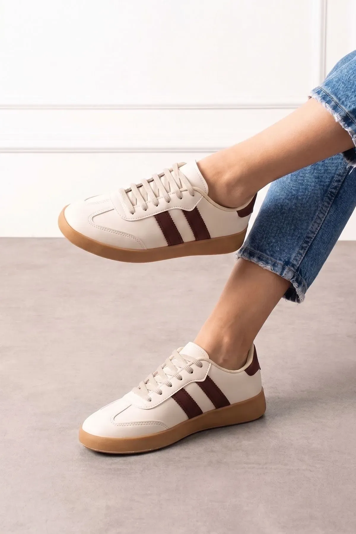 Fortuna Bej Kahverengi Şeritli Bağcıklı Spor Sneaker Ayakkabı