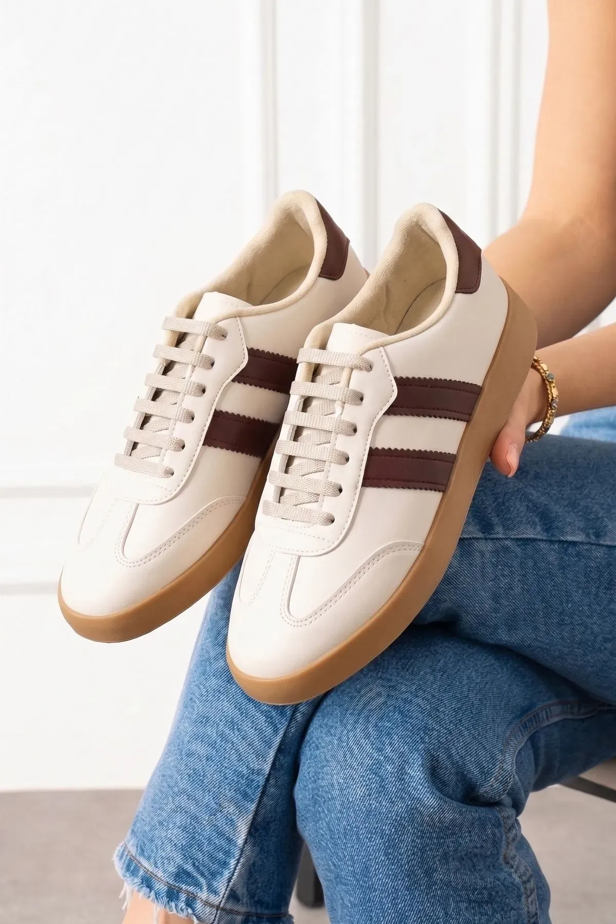 Fortuna Bej Kahverengi Şeritli Bağcıklı Spor Sneaker Ayakkabı