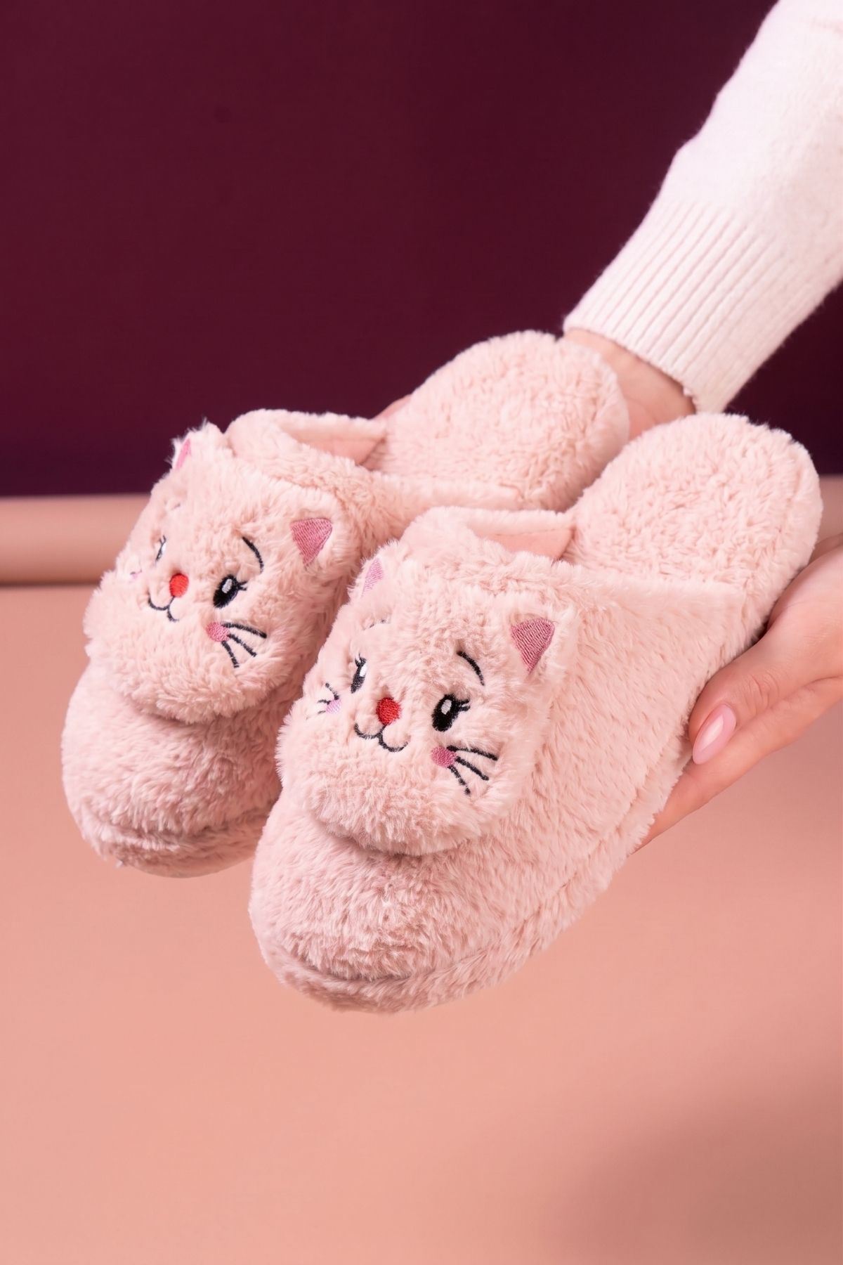 Jeydi Pudra Kedi Figürlü Peluş Kışlık Kadın Ev Terliği 