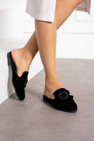 Dafi Siyah Oval Aksesuar ve Fiyonk Detaylı Elegant Ev Terliği