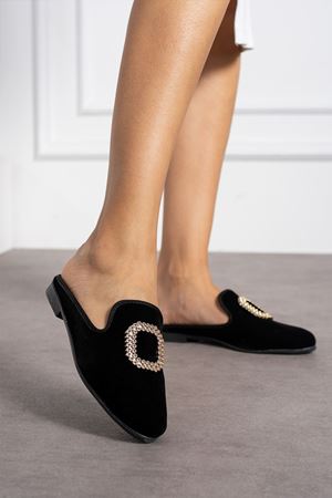 Mersel Siyah Gold Kare Aksesuarlı Elegant Ev Terliği 