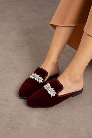 Luiz Bordo Yaprak Taş İşlemeli Önü Kapalı Elegant Ev Terliği 