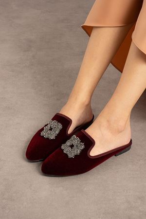  Lukas Bordo Kare Boncuk  Taş İşlemeli Önü Kapalı Elegant Ev Terliği