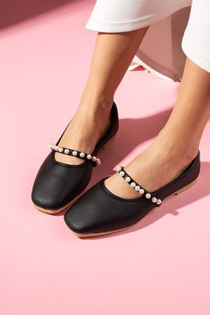 Perly Siyah Naturel İnci Bant Aksesuarlı Babet 