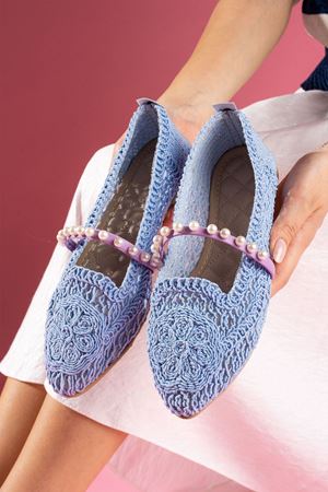 Barta Bebe Mavisi Oval Nakışlı İnci Kemerli Babet