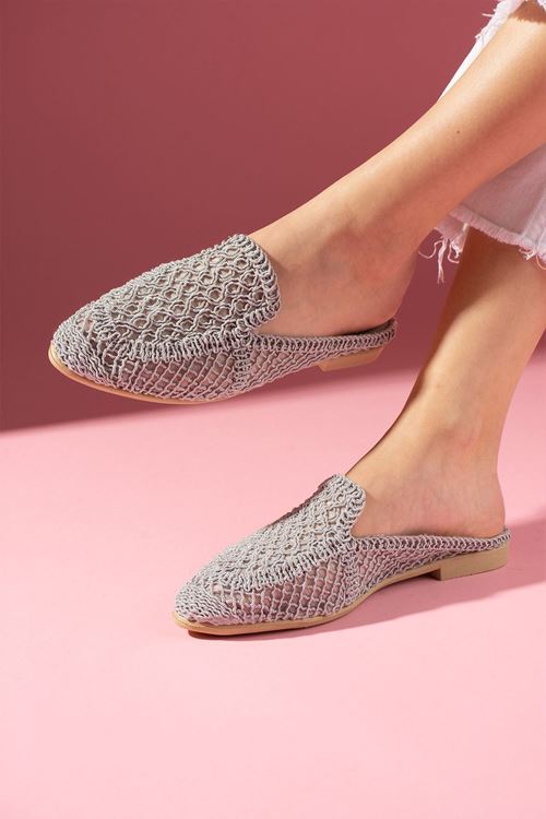 Gandal Gri Triko Örgü Detaylı Terlik