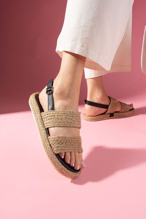 Sandy Siyah Hasır Bantlı Yüksek Hasır Sarma Taban Premium Sandalet 
