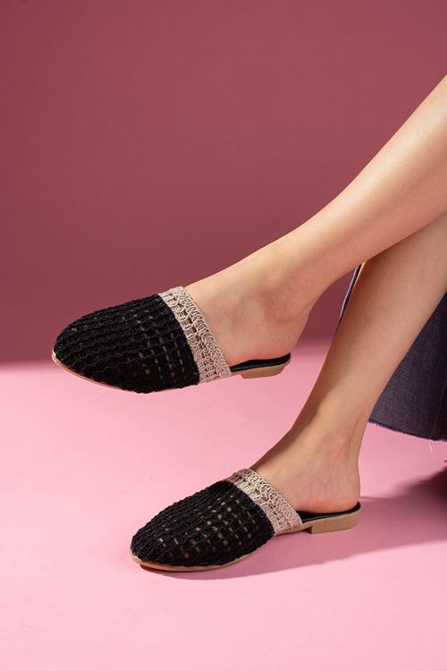 Kaiser Siyah Vizon İki Renkli Önü Kapalı Örgü Triko Terlik