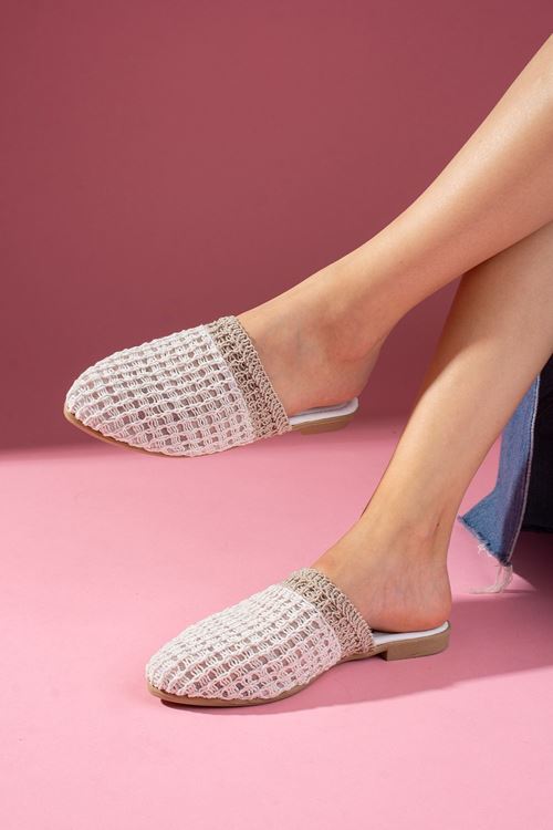 Kaiser Beyaz Vizon İki Renkli Önü Kapalı Örgü Triko Terlik 