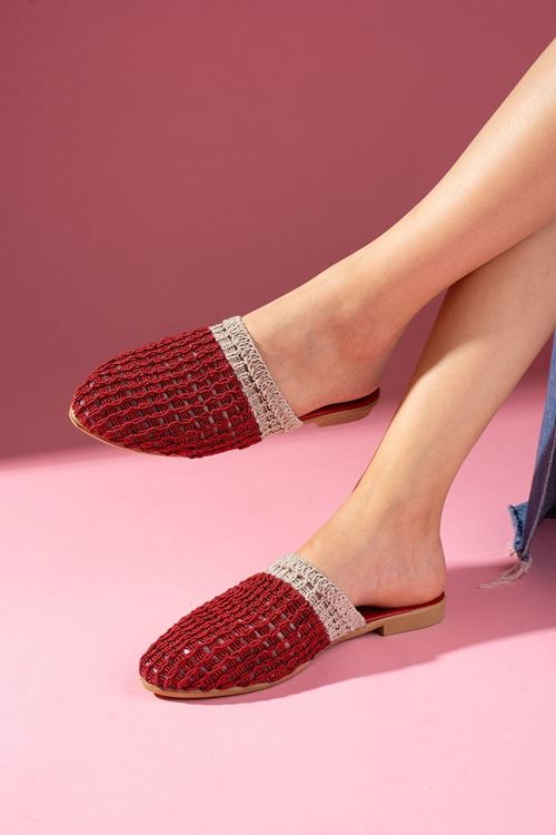 Kaiser Kırmızı Vizon İki Renkli Önü Kapalı Örgü Triko Terlik 