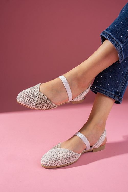 Finex Bej Vizon Çift Renkli Önü Kapalı Triko Örgü Lastikli Sandalet