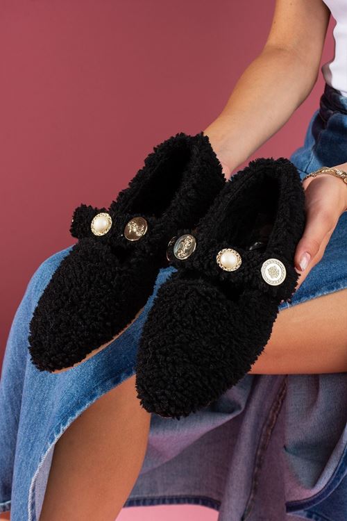 Valoria Siyah Havlu Dokulu İnci ve Mühür Aksesuarlı Kemerli Ev Babeti