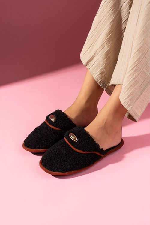 Evelis Siyah Havlu Dokulu Damla Aksesuarlı Ev Terliği