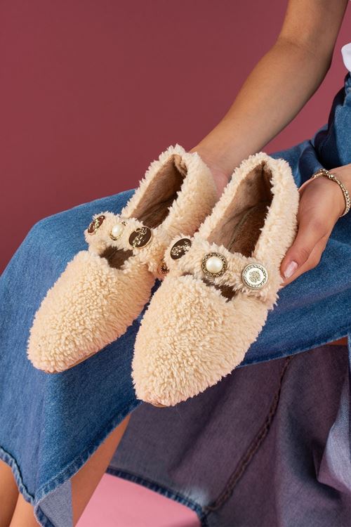 Valoria Bej Havlu Dokulu İnci ve Mühür Aksesuarlı Kemerli Ev Babeti