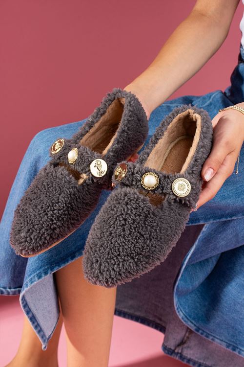 Valoria Antrasit Havlu Dokulu İnci ve Mühür Aksesuarlı Kemerli Ev Babeti