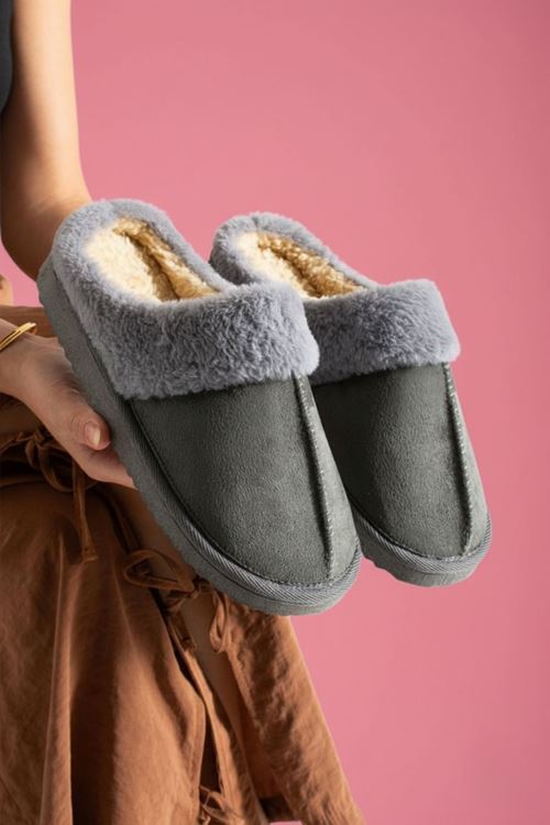 Mabes Gri Süet Kürk Yakalı Yarı Kapalı Sessiz Taban Ev Terliği