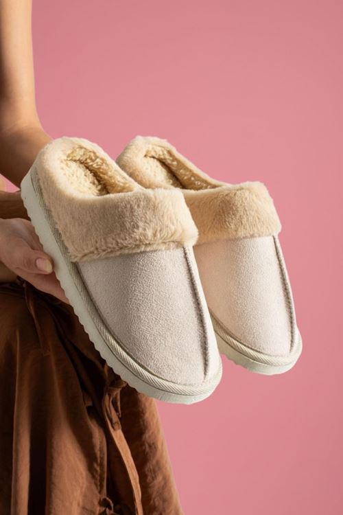 Mabes Bej Süet Kürk Yakalı Yarı Kapalı Sessiz Taban Ev Terliği