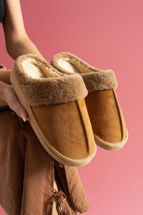 Mabes Taba Süet Kürk Yakalı Yarı Kapalı Sessiz Taban Ev Terliği 