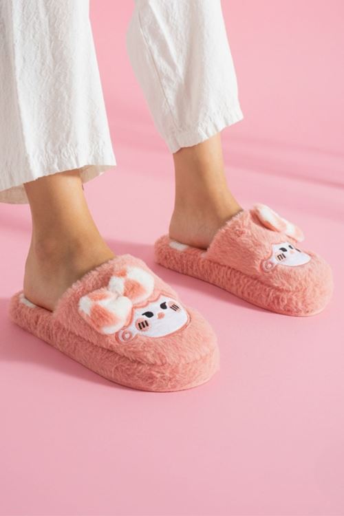 Papy Pudra Papyonlu Karakter Nakışlı Peluş Kadın Sessiz Tabanlı Ev Terliği