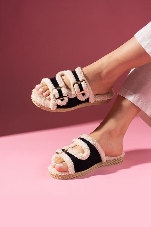 Damy Lacivert Tokalı Çift Bantlı Peluş Detaylı Kadın Ev Terliği