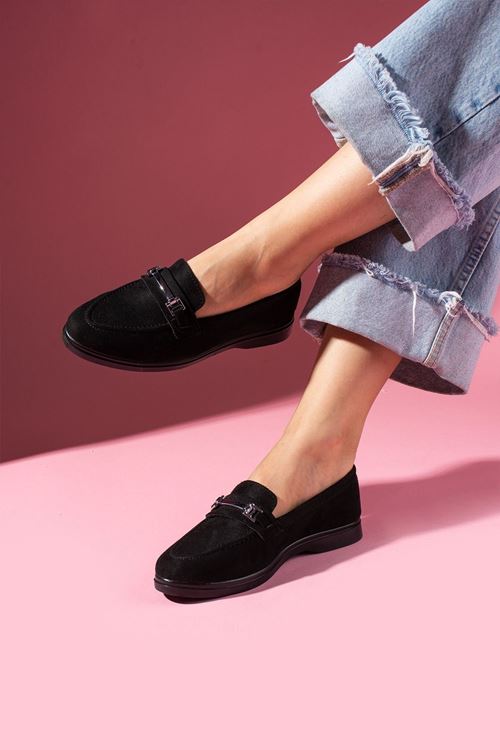 Markiz Siyah Süet Tokalı Loafer Babet Günlük Ayakkabı