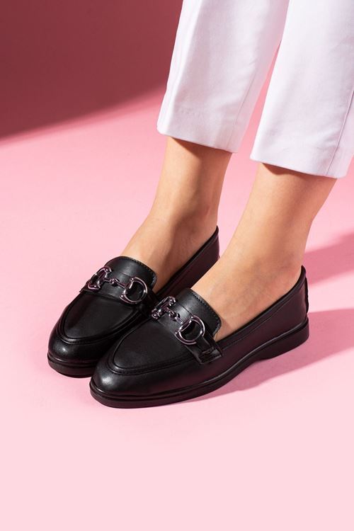 Lofita Siyah Cilt Tokalı Loafer Babet Günlük Ayakkabı