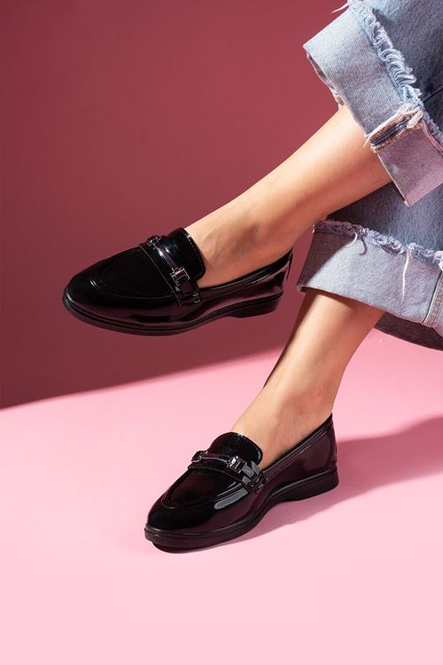 Markiz Siyah Rugan Tokalı Loafer Babet Günlük Ayakkabı