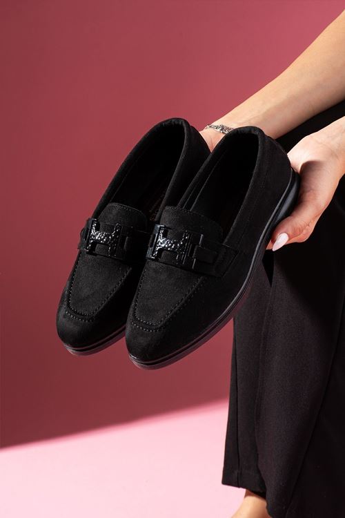 Herkon Siyah Süet Tokalı Loafer Babet Günlük Ayakkabı