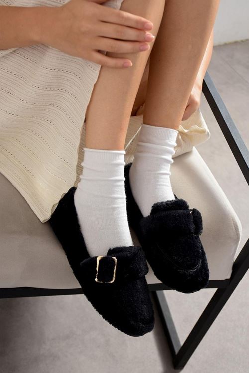 Alexis Siyah Tokalı Sraç Detaylı Bantlı Peluş Ev Babeti