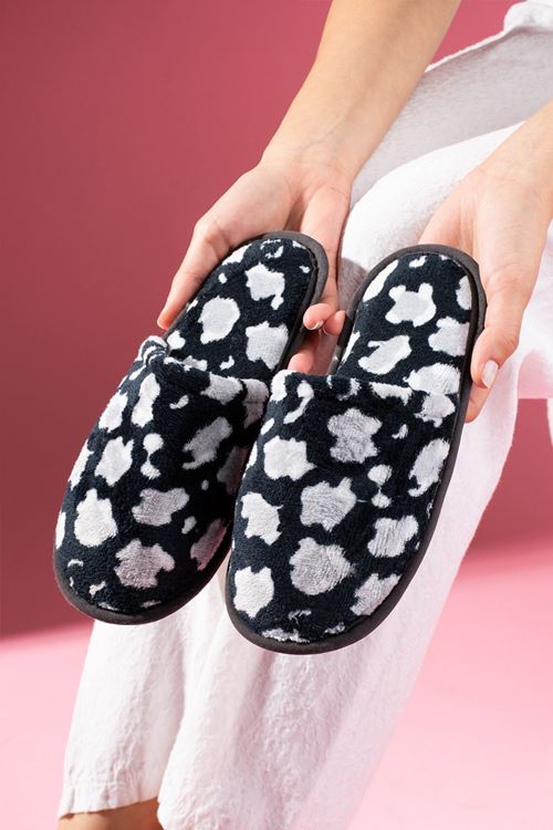 Alice Siyah Parça Desenli Önü Kapalı Ev Terliği