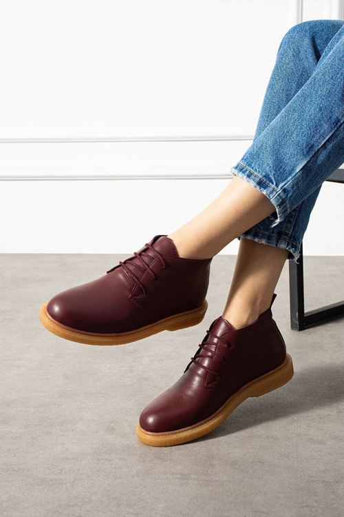 Pumpy Bordo Cilt Bağcıklı Kadın Bot