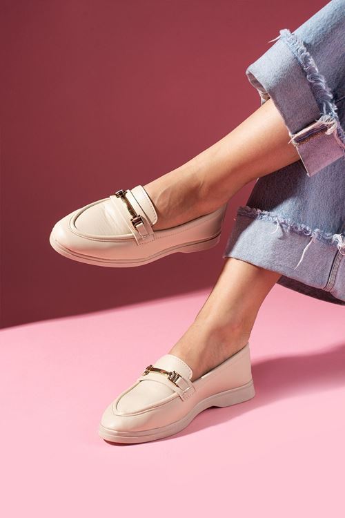 Markiz Bej Cilt Tokalı Loafer Babet Günlük Ayakkabı 