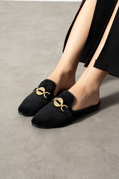 Lunia Siyah Kısa Tüylü Elegant Nişan Çeyiz Bohça Misafir Ev Terliği